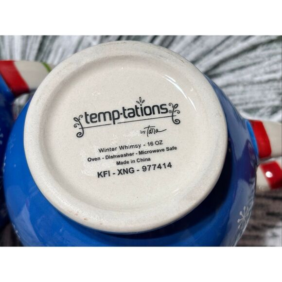 Temptations Snowman Mug Winter Whimsey 16 Oz Blue Snowflakes By Tara - Picture 9 of 10